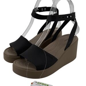 Crocs‎ Brooklyn Ankle Strap Wedge Sandal Black/Mushroom Women 4 W4 Comfort NWT